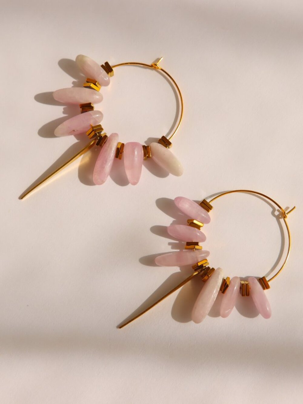 Kunzite Dagger Hoop Earrings| Raw Brass